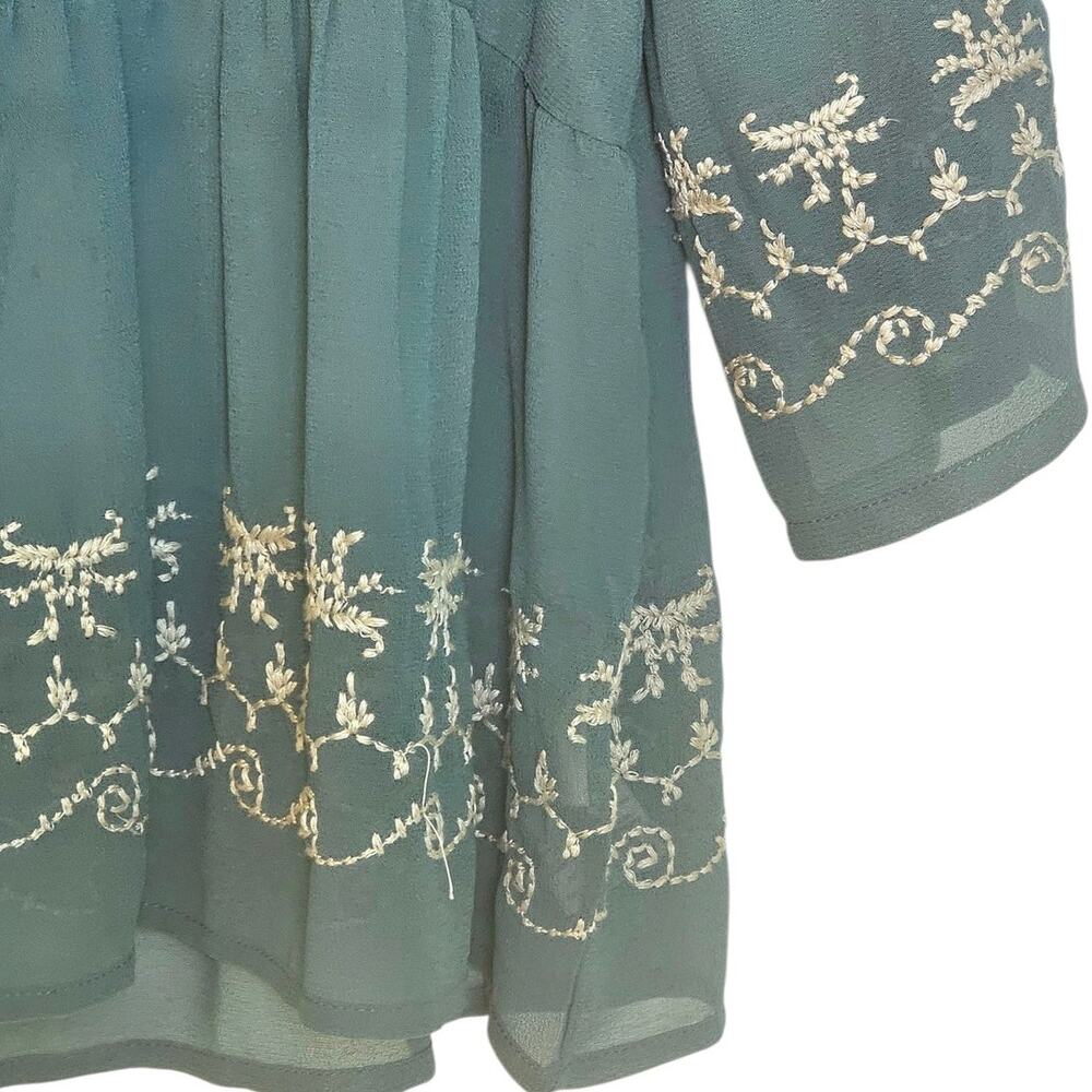 Free People Meadow Green Combo Embroidered Sheer Boho Blouse - Picture 3 of 6